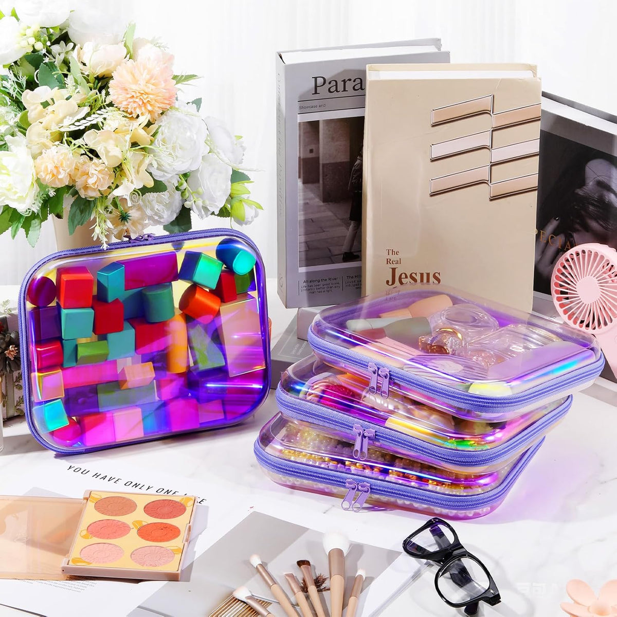 Hoolerry 4 Pcs Hard Clear Zipper Case Makeup Bags Plastic Pencil Pouch Transparent Storage Box