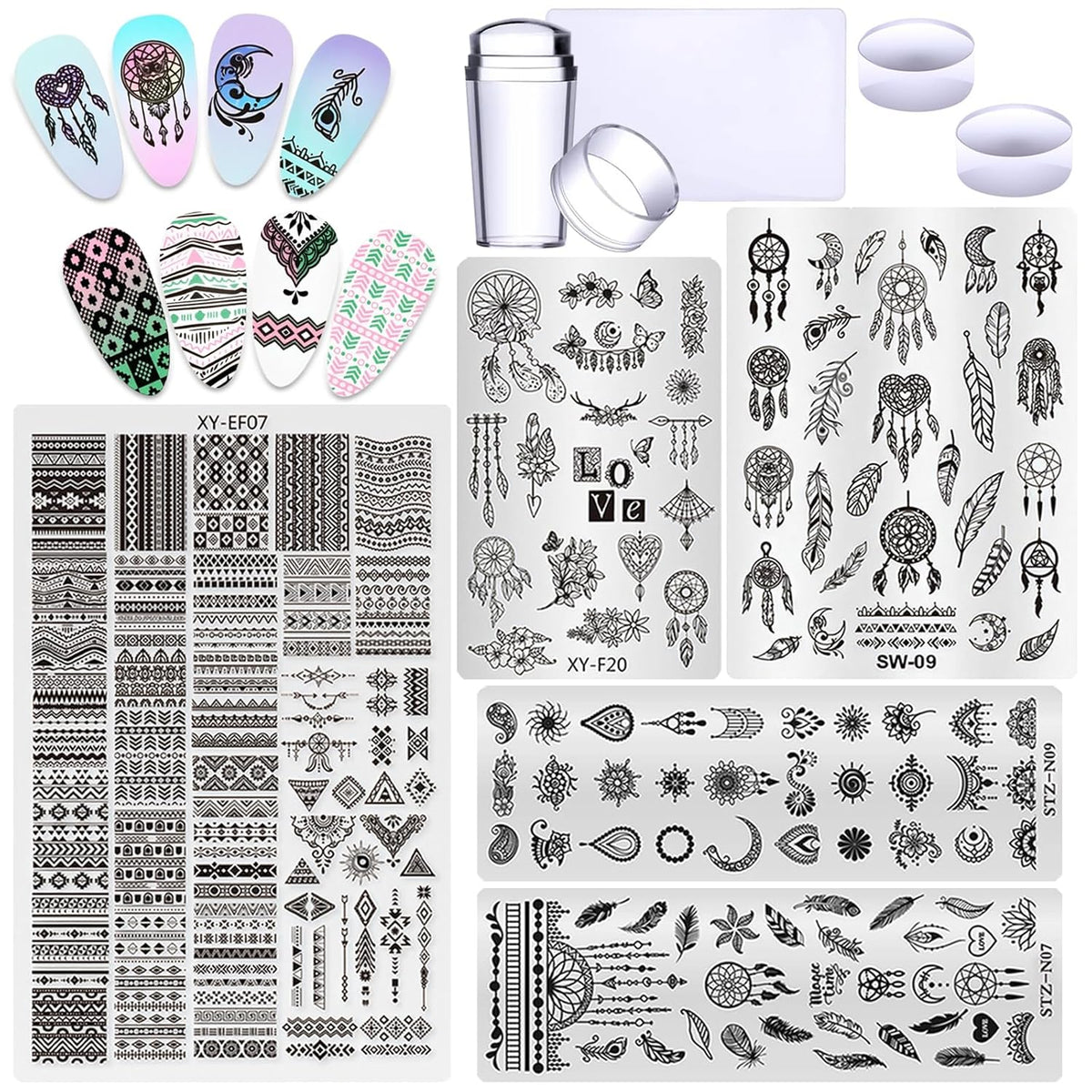 Bohemia Style Nail Stamping Plate 5pcs Set Geometric Art Template with Silicone French Tip Stamper