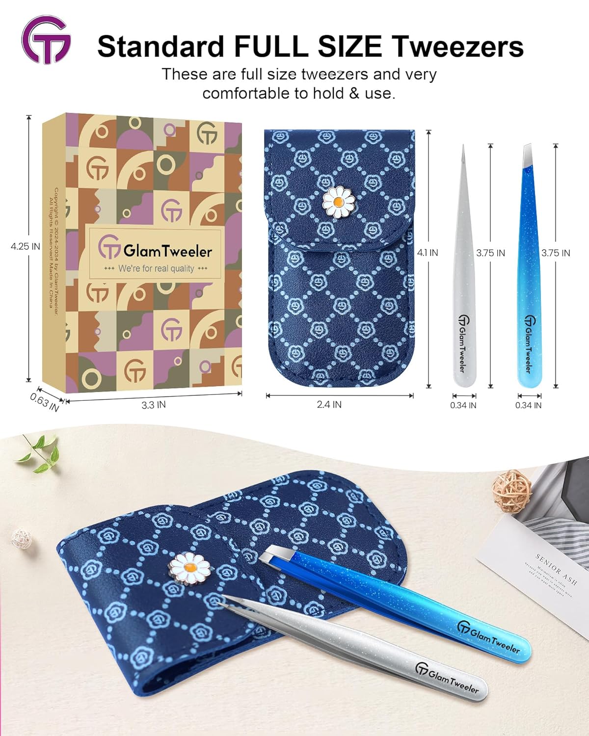 Expert Slant and Point Tip Tweezer Set with Exclusive Storage & Carrying Case, GlamTweeler Sharp &