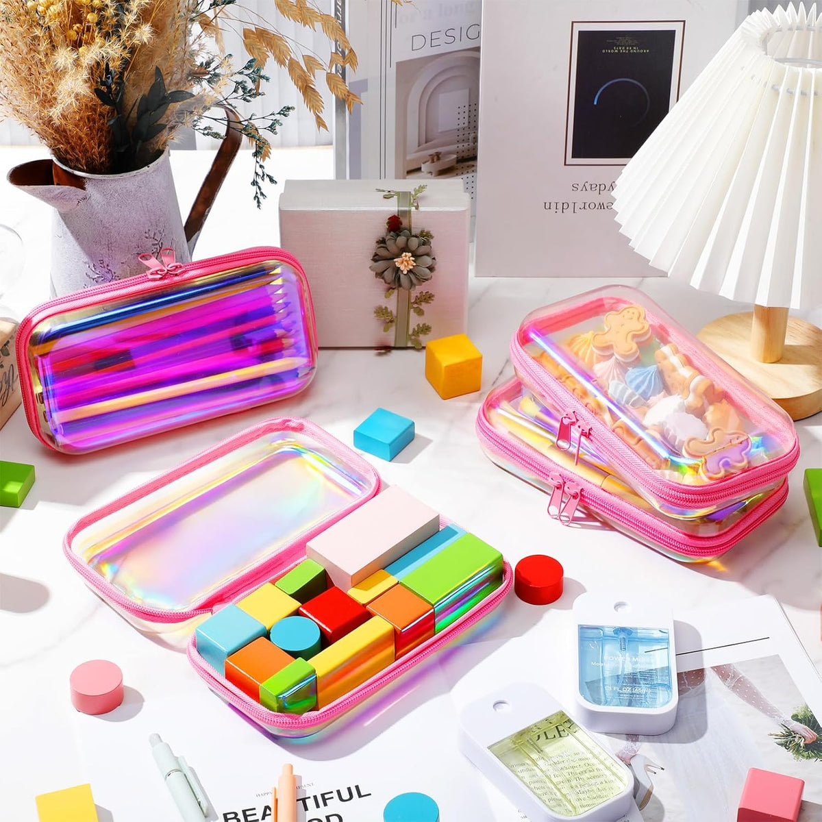Hoolerry 4 Pcs Hard Clear Zipper Case Makeup Bags Plastic Pencil Pouch Transparent Storage Box
