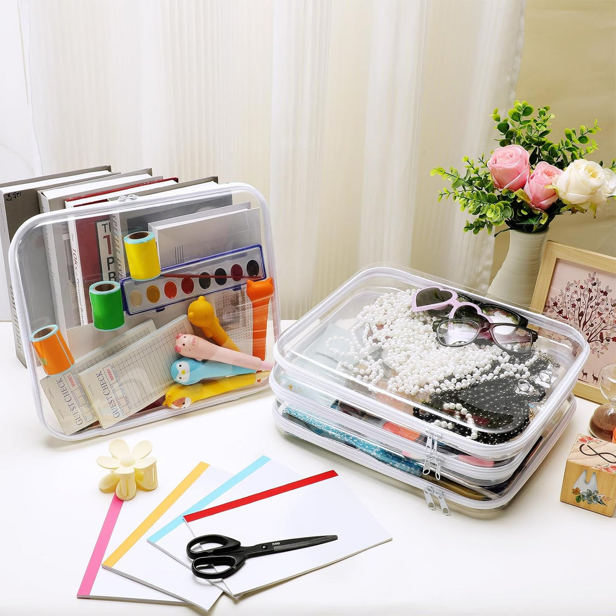 Hoolerry 4 Pcs Hard Clear Zipper Case Makeup Bags Plastic Pencil Pouch Transparent Storage Box