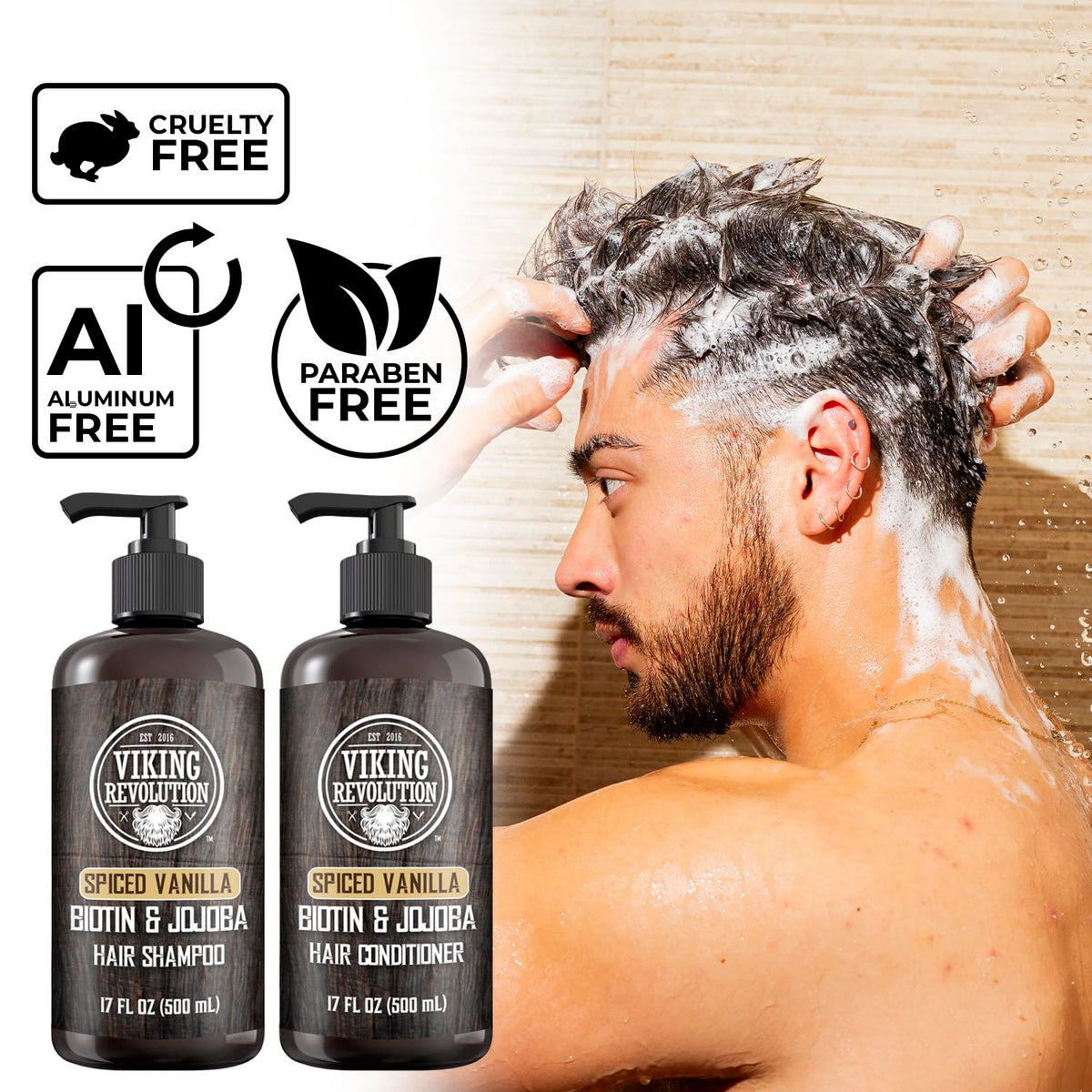 Viking Revolution Spiced Vanilla Mens Shampoo and Conditioner Set with Biotin and Jojoba Oil