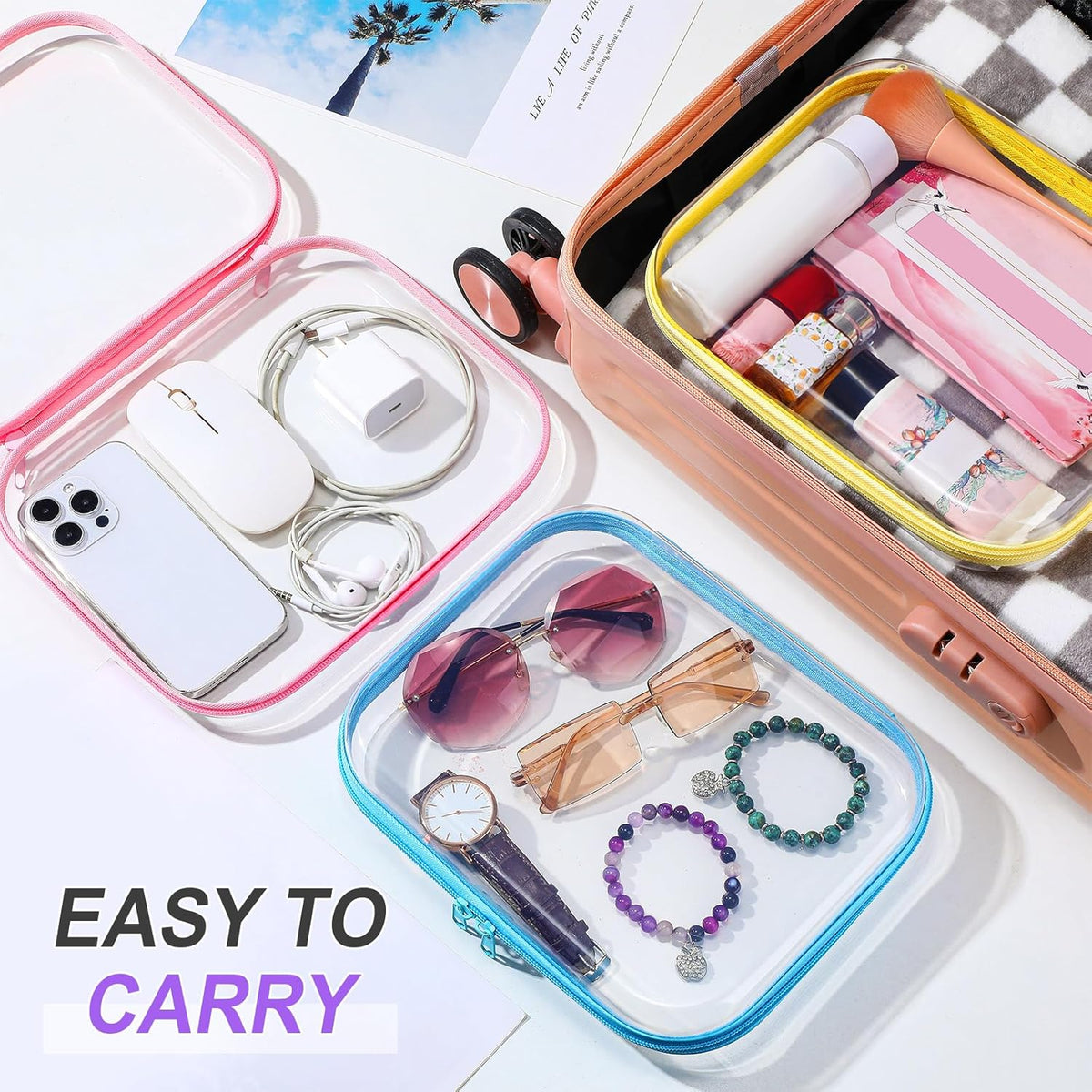 Sanwuta 6 Pcs Clear Hard Zipper Case Pencil Pouches Hard Plastic Zipper Pouches Makeup Bag