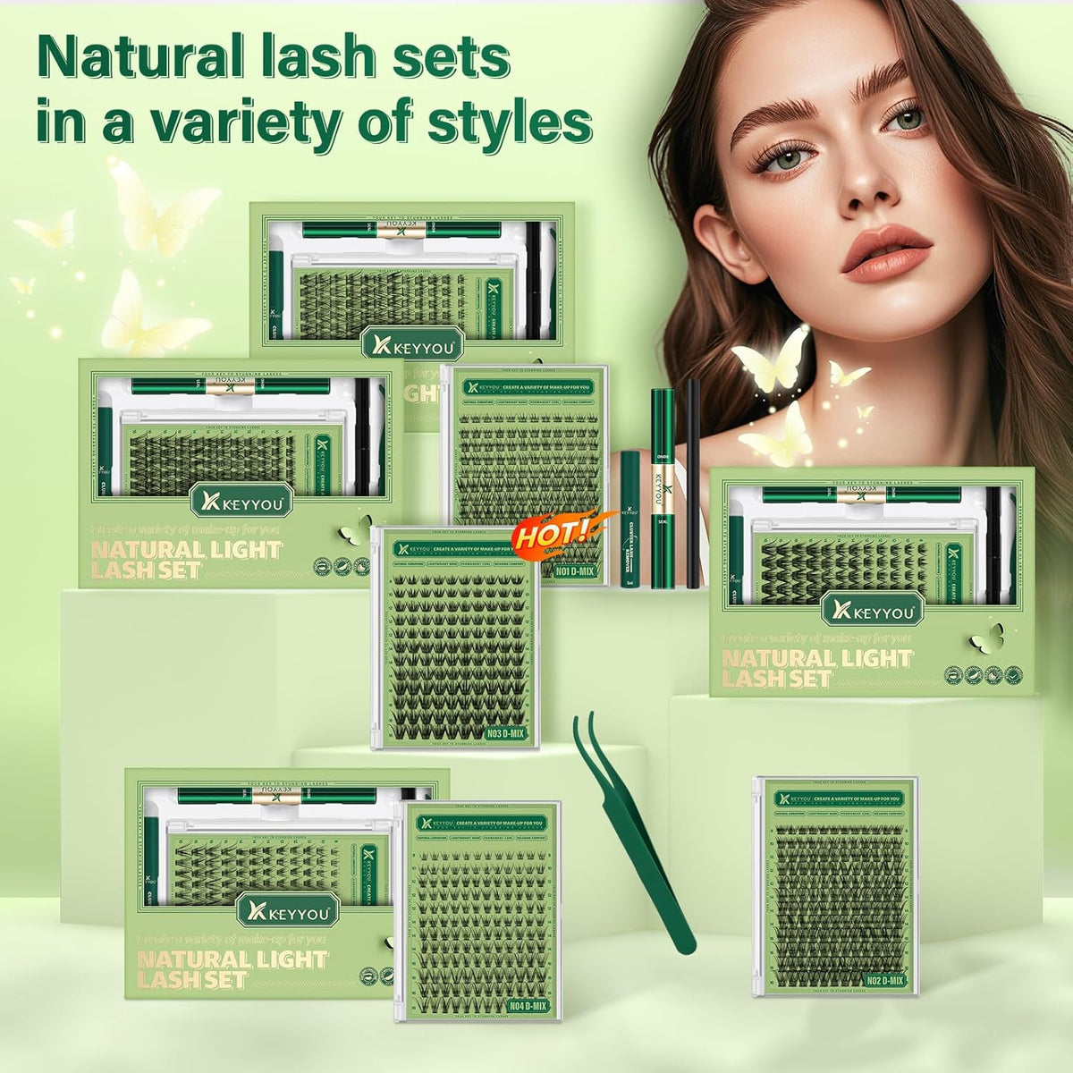 KEYYOU Natural Lash Clusters Kit 144Pcs DIY Lash Extension Kit Wispy Eyelash Extensions Kit D Curl