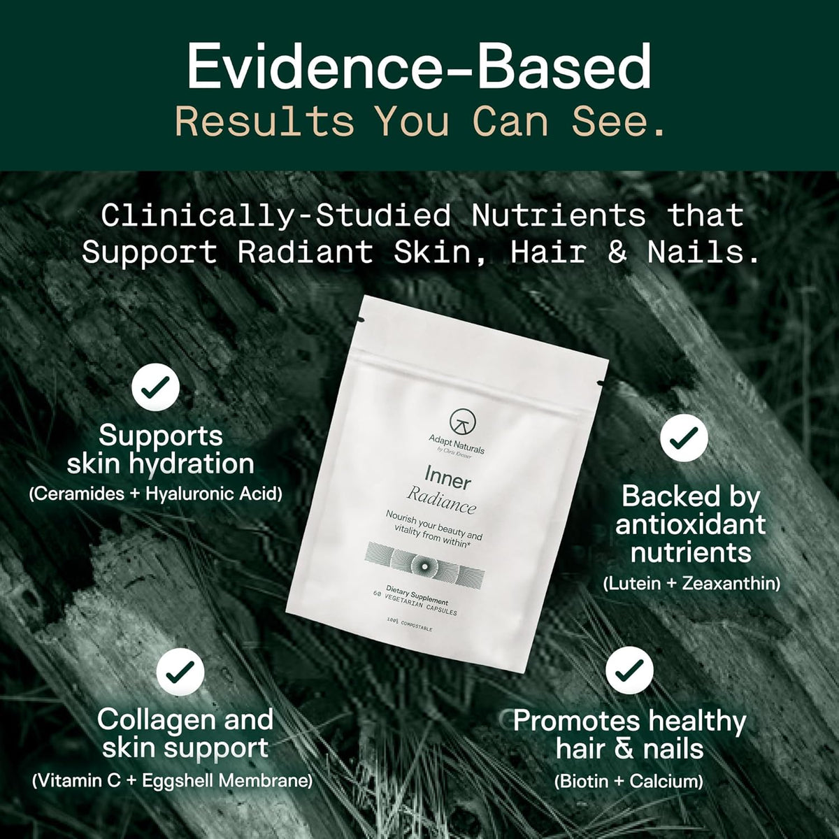Adapt Naturals Inner Radiance Hair Skin and Nails Vitamins for Women and Men with Biotin, Collagen