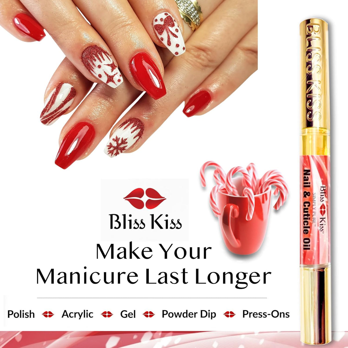 Bliss Kiss | 1 Candy Cane Fragrance | Nail Oil Cuticle Pen w/Vitamin E & Jojoba⏤Nail Strengthener