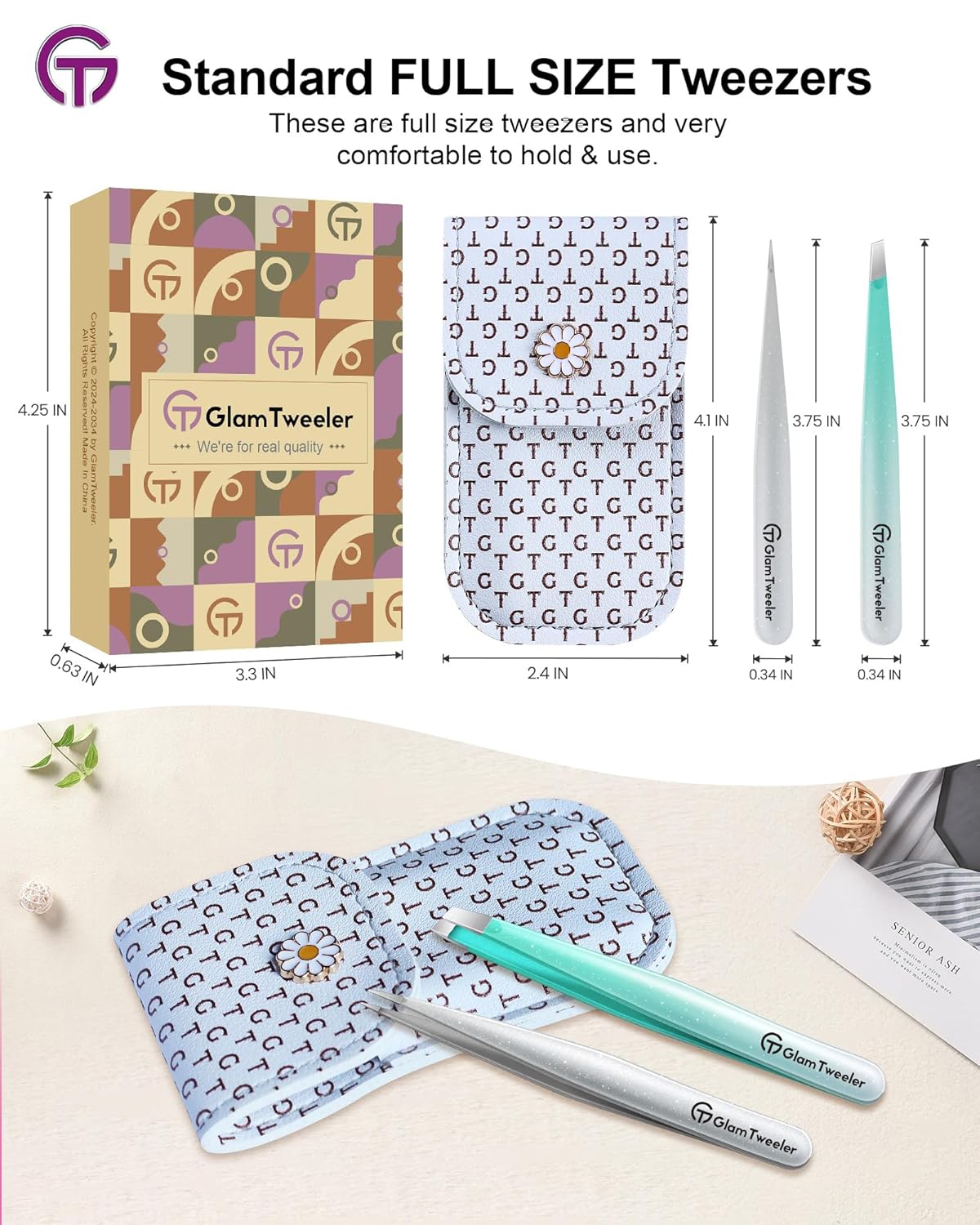 Expert Slant and Point Tip Tweezer Set with Exclusive Storage & Carrying Case, GlamTweeler Sharp &