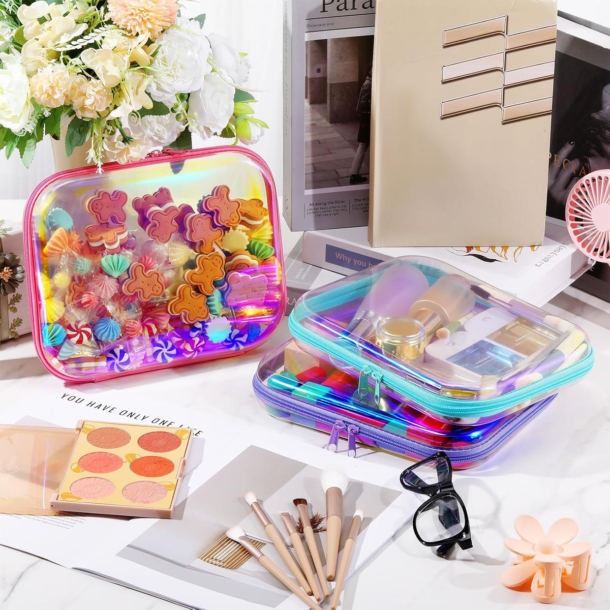 Hoolerry 3 Pcs Clear Hard Zipper Case Plastic Pouch Transparent Hard Case Clear Makeup Bag Portable