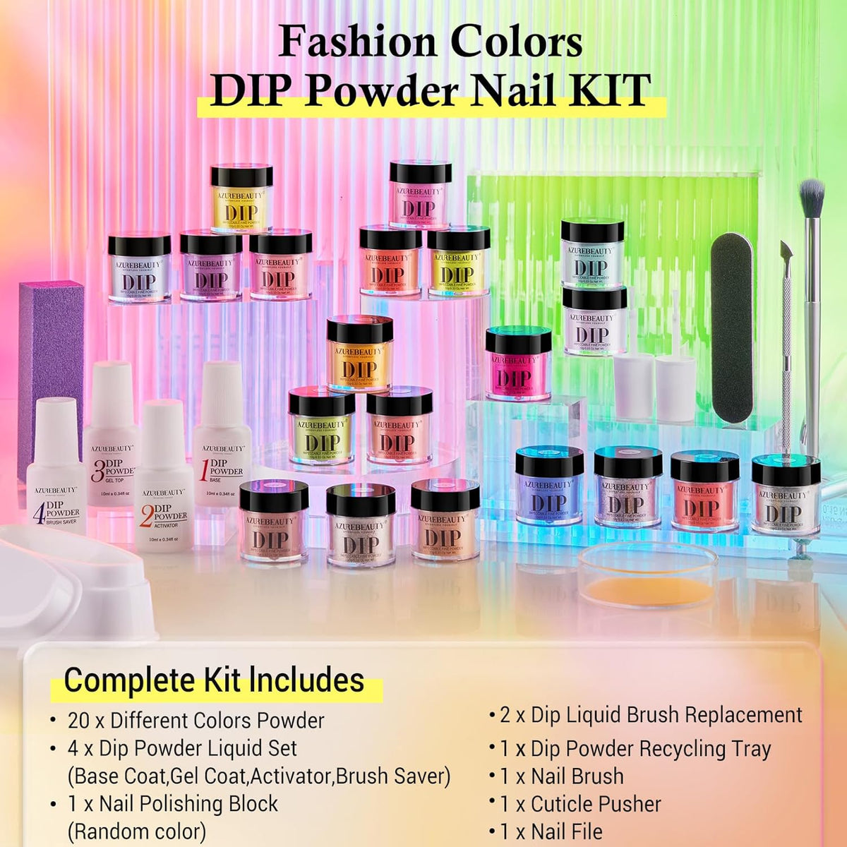 AZUREBEAUTY 31 Pcs Dip Powder Nail Kit Starter, 20 Colors Neon Glitter Purple Blue Yellow Dipping