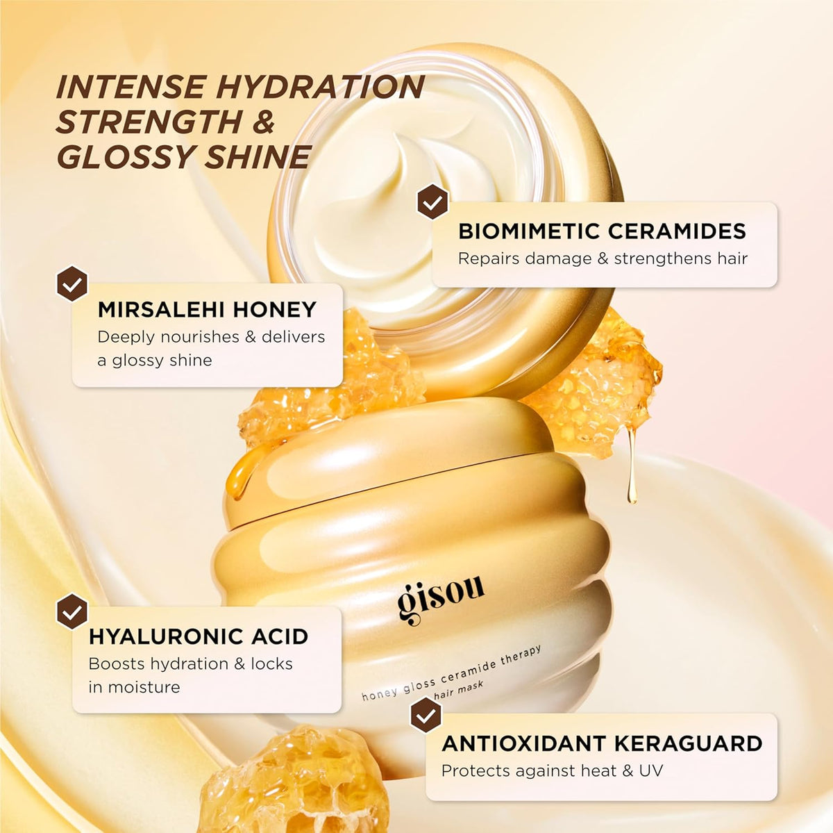 Gisou Honey Gloss Ceramide Therapy Hair Mask, Deep Hydration & Repair, Mirsalehi Honey, Ceramides &