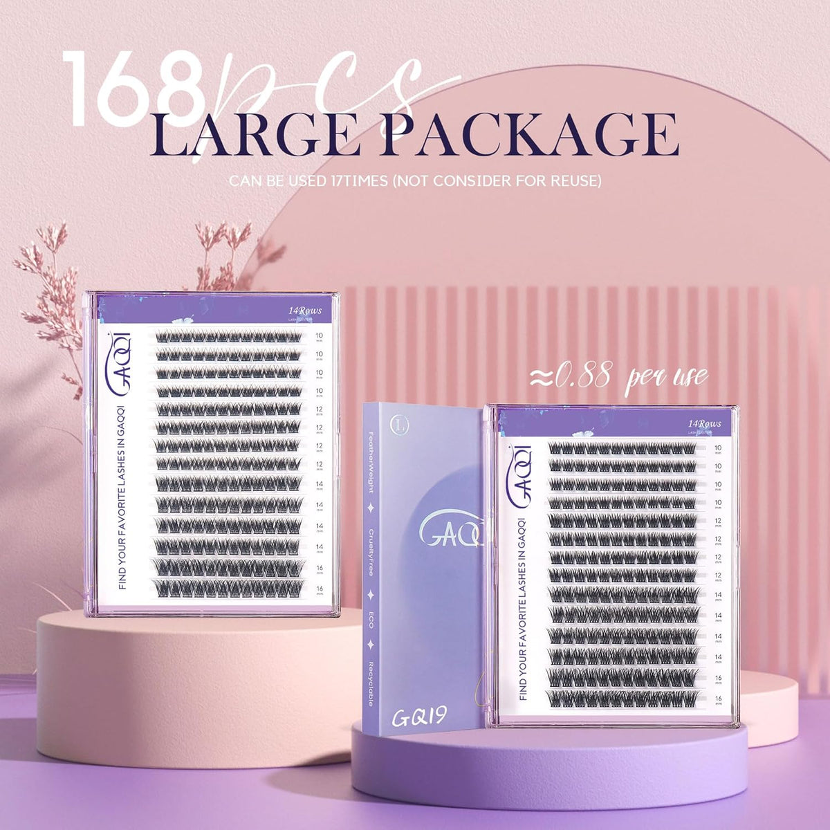 GAQQI Lash Clusters, GQ19 Individual Lashes 168pcs D Curl, DIY Lash Extension 14mm Length Only