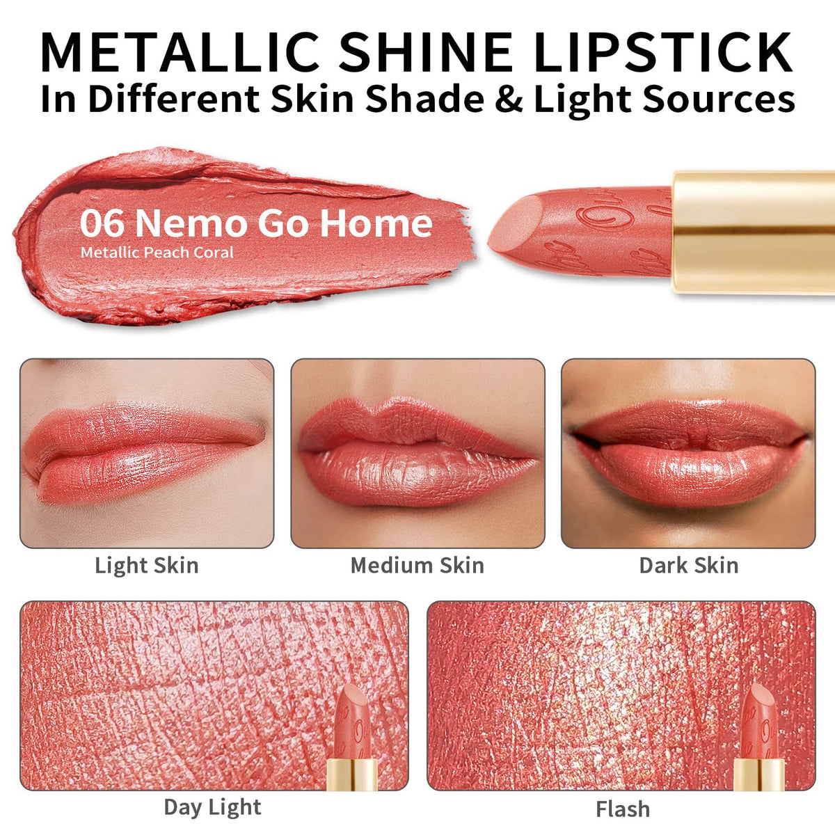Oulac Coral Pink Lipstick for Women with Metallic 3D Shine Lightweight Hydrating Formula, High
