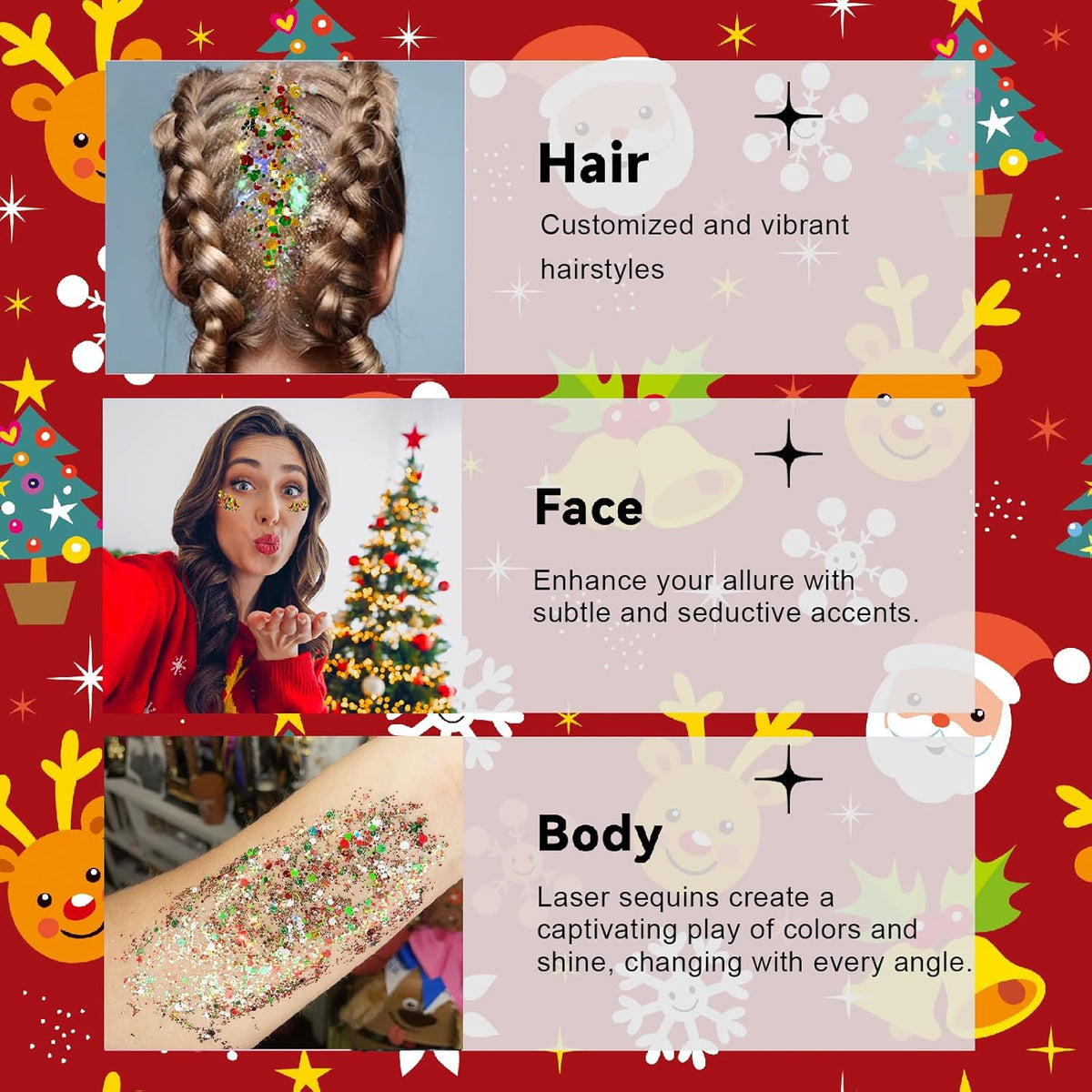 Christmas Glitter Gel for Body, Face, Hair and Lip, Color Changing Glitter Gel Under Light