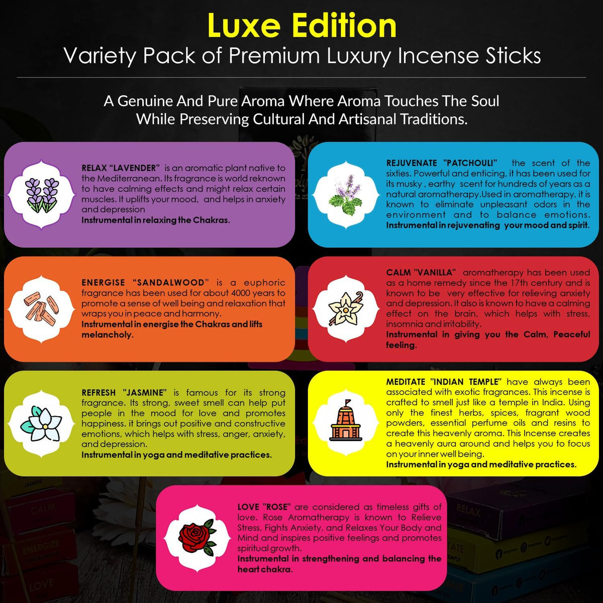 Luxe Incense Sticks Set – 175 Hand-Rolled Natural Incense with Holder | 7 Fragrances: Lavender
