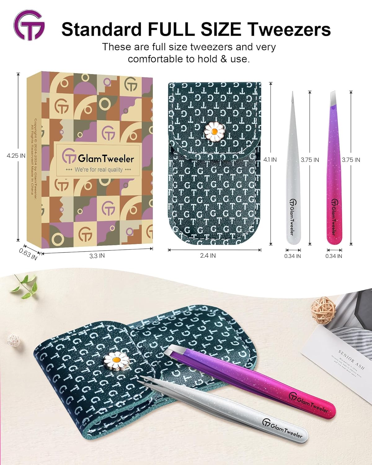 Expert Slant and Point Tip Tweezer Set with Exclusive Storage & Carrying Case, GlamTweeler Sharp &