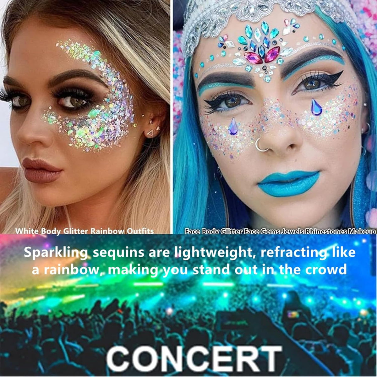 Go Ho Silver and White Body Glitter Set,Singer Concerts Face Glitter Gel Makeup,Holographic Long