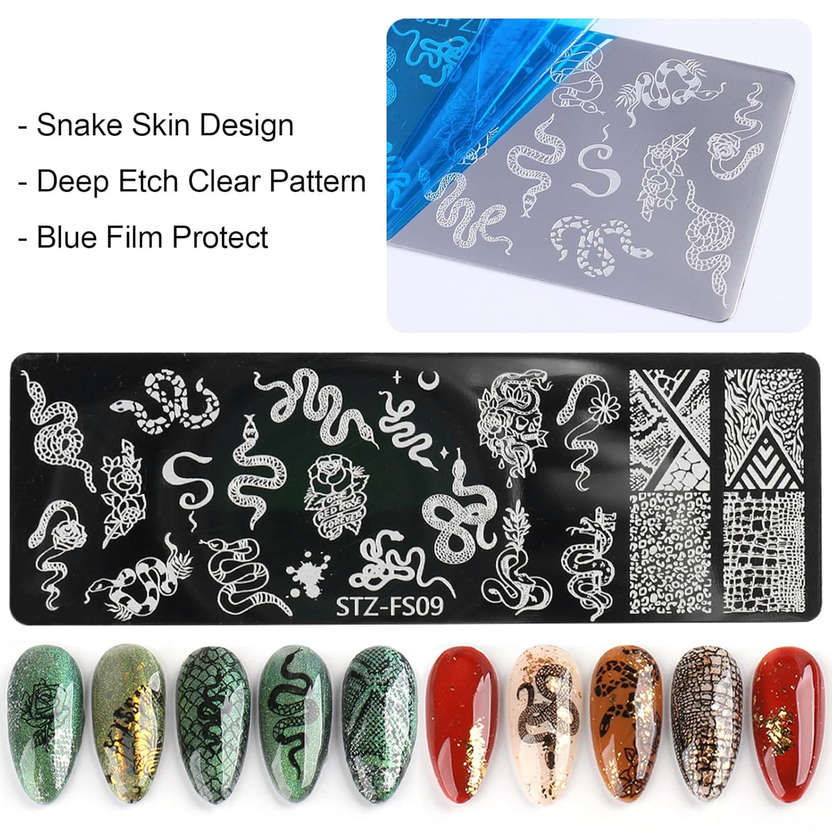 4pcs Snake Leopard Print Nail Stamping Plate Stencil with French Tip Nail Stamper Kit Reusable