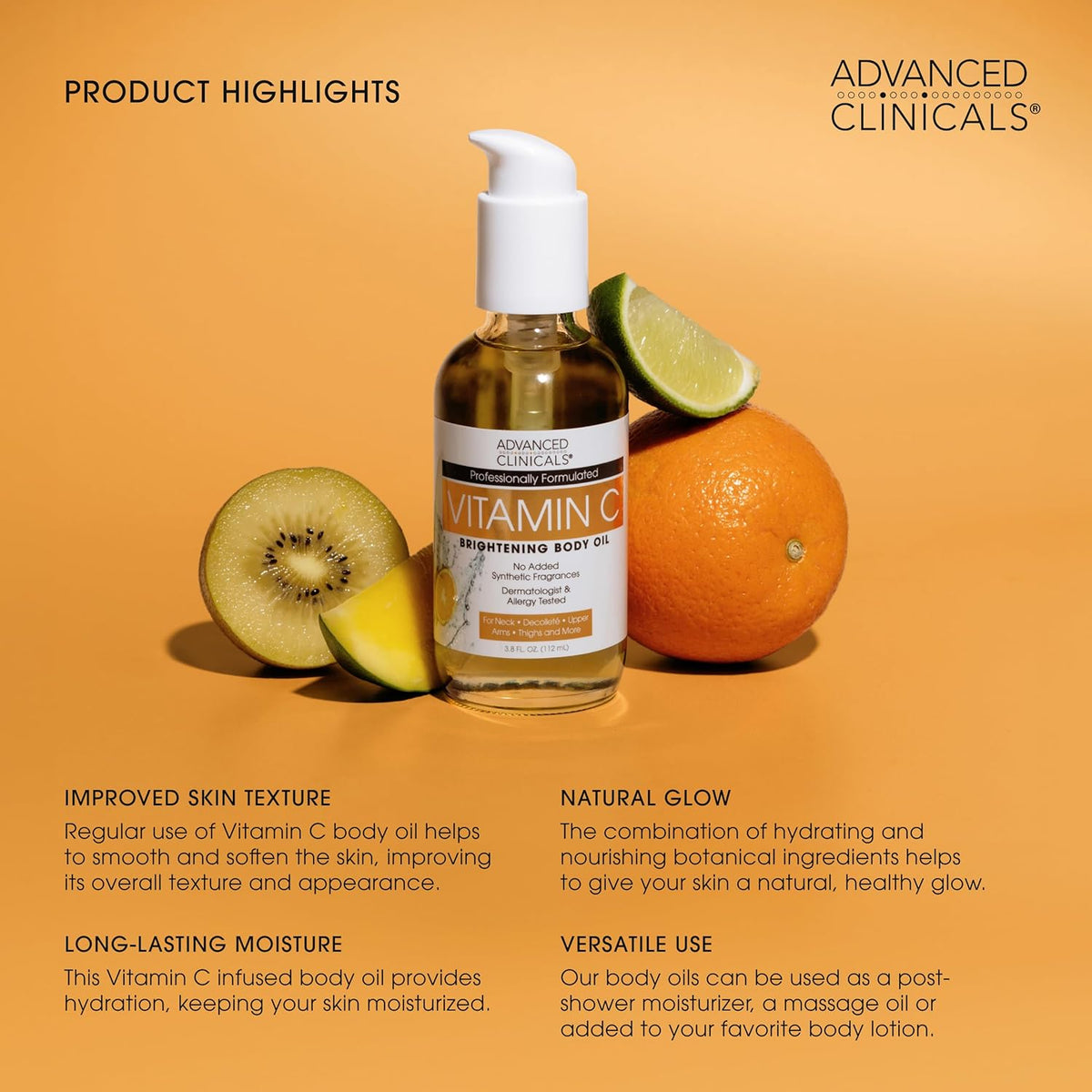 Advanced Clinicals Brightening Vitamin C Cream Moisturizer + Vitamin C Body Oil 2pc Skincare Set |