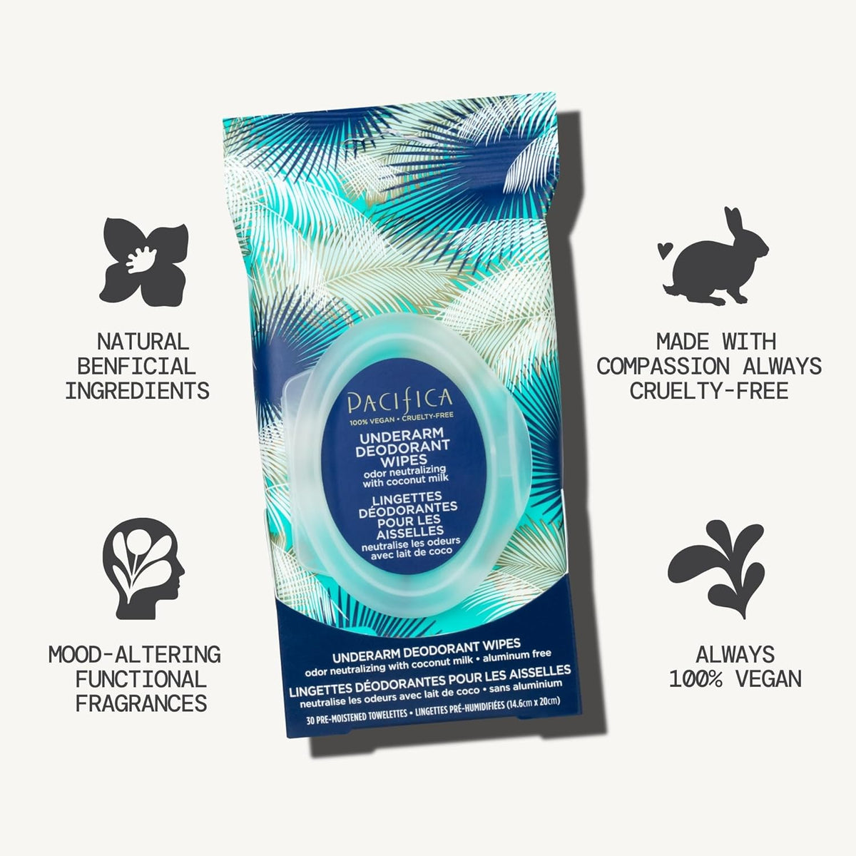 Pacifica Beauty Coconut Milk & Essential Oils Underarm Deodorant Wipes, Helps Remove Odor