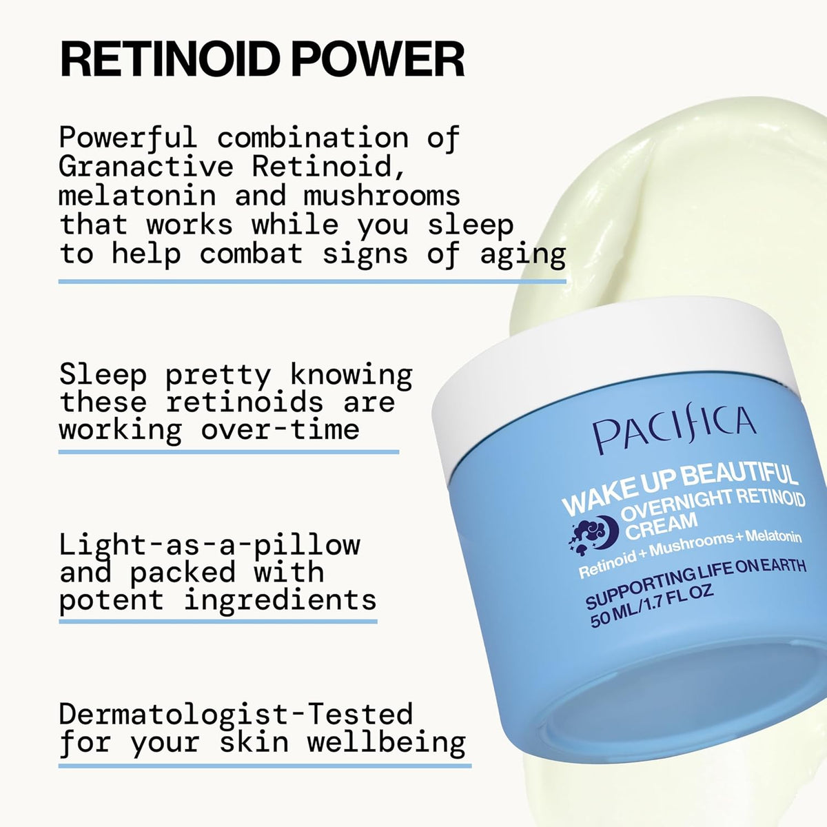Pacifica Wake Up Beautiful Retinoid Night Cream – Overnight Anti-Aging Moisturizer with Hyaluronic