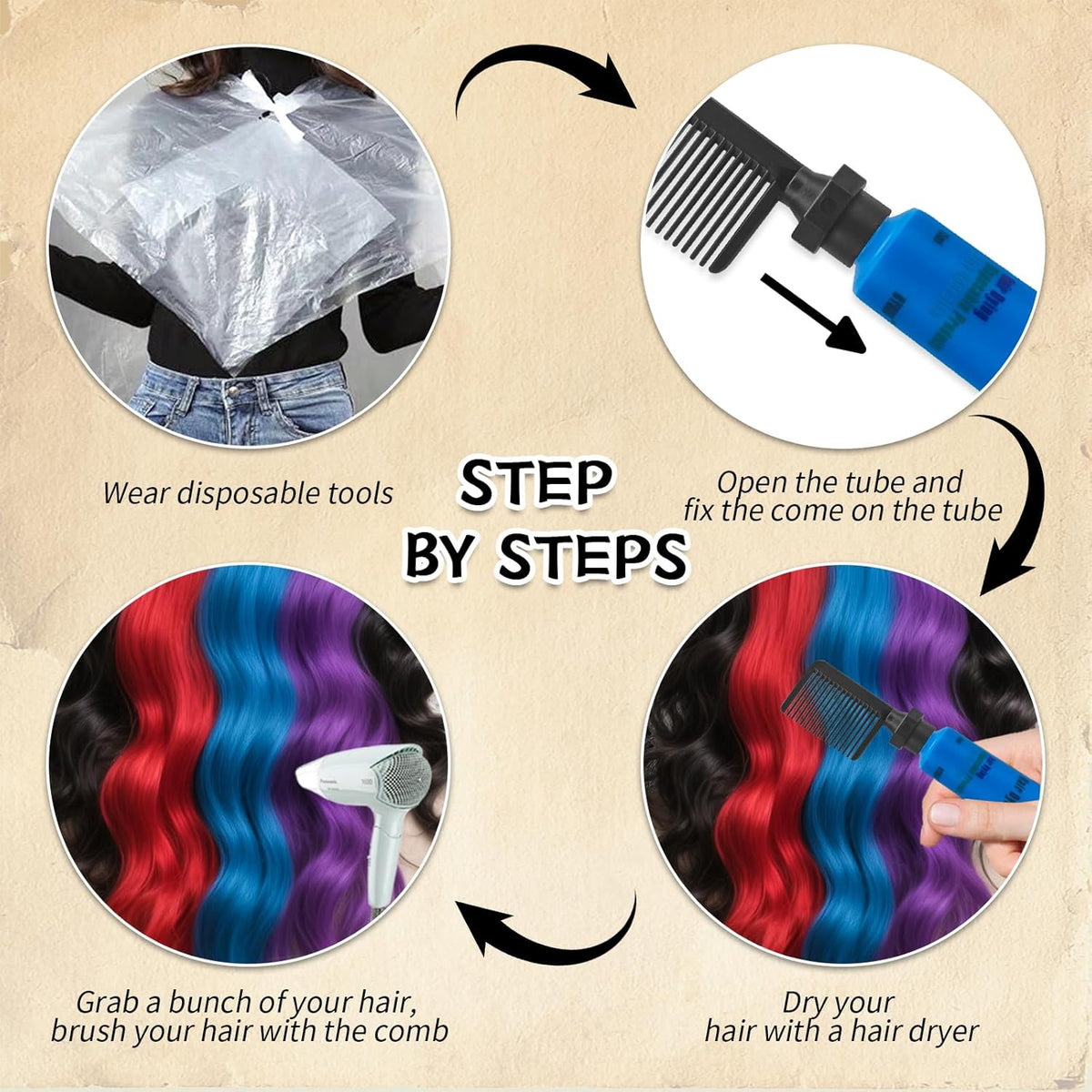 Byhoo Blue Red Purple Temporary Hair Color for Dark Hair Dye, Cream Formula, Washable Hair Dye for