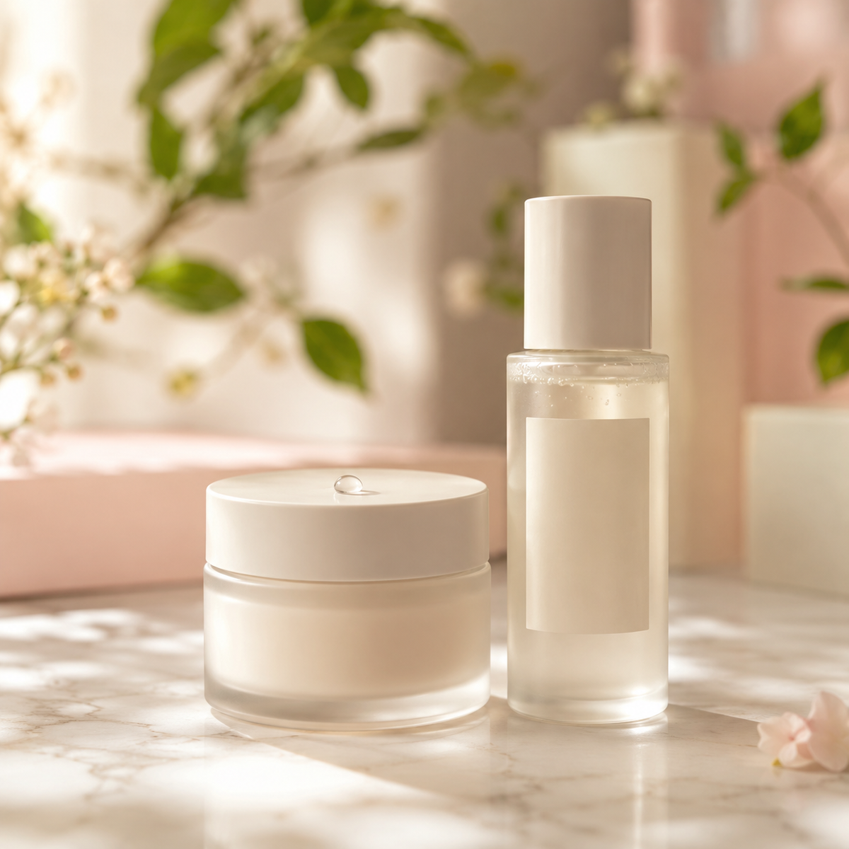 K-Beauty skincare — cream jar and essence bottle