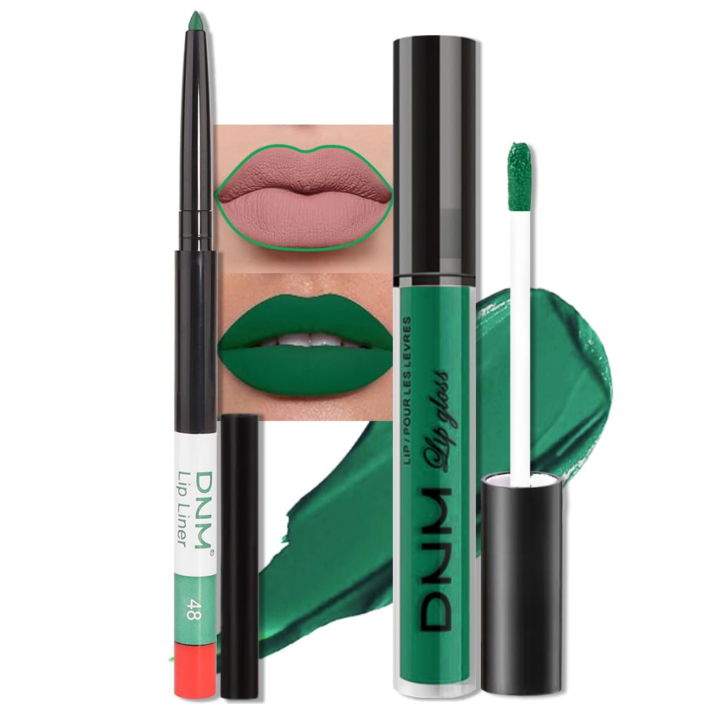 evpct 2Pcs Emerald Forest Green Matte Liquid Lipstick Lip Gloss Stain and Retractable Lip Liner