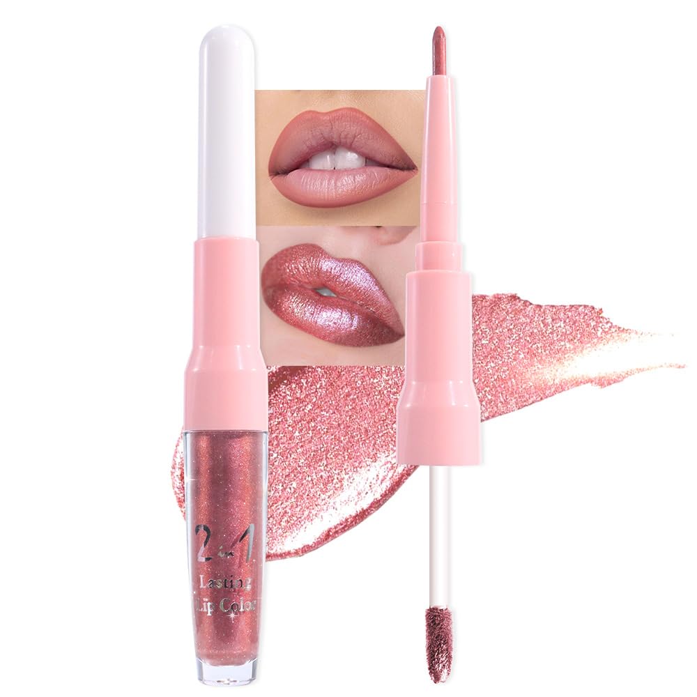 evpct Pine Red Metallic Glitter Lip Liner and Lipstick Combo Lip Gloss Stain Set Makeup for Women