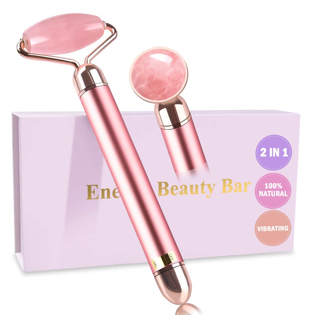 Upgrade 2 in 1 Vibrating Jade Facial Massager Roller, Electric Rose Quartz Eye Face Roller to Press