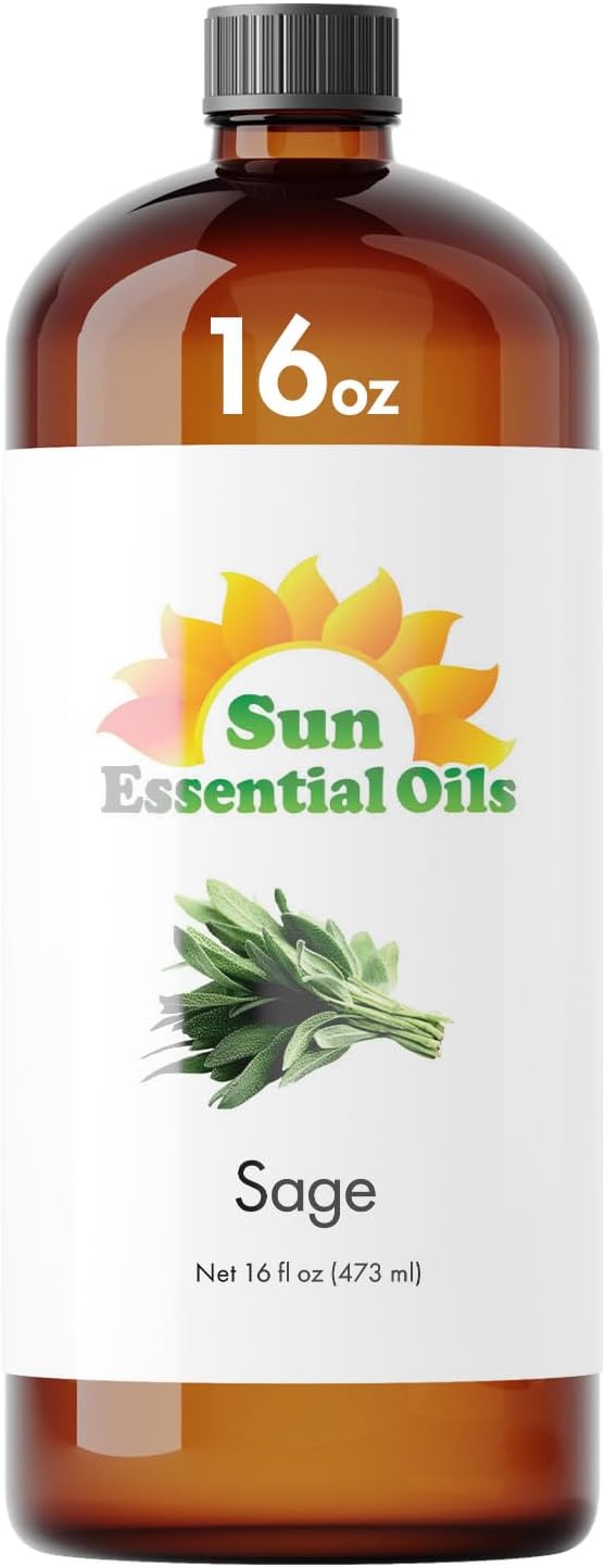 Sun Essential Oils – Sage Essential Oil 16 oz for Diffuser, Skin, Aromatherapy Massage, Humidifier