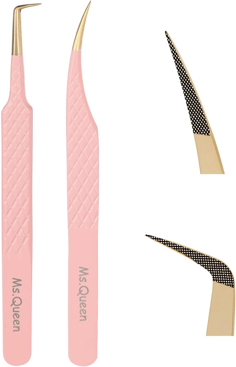 Ms.Queen Lash Tweezers for Eyelash Extensions,Precision 2Pcs Fiber Tip Grip 90 Degree Volume and