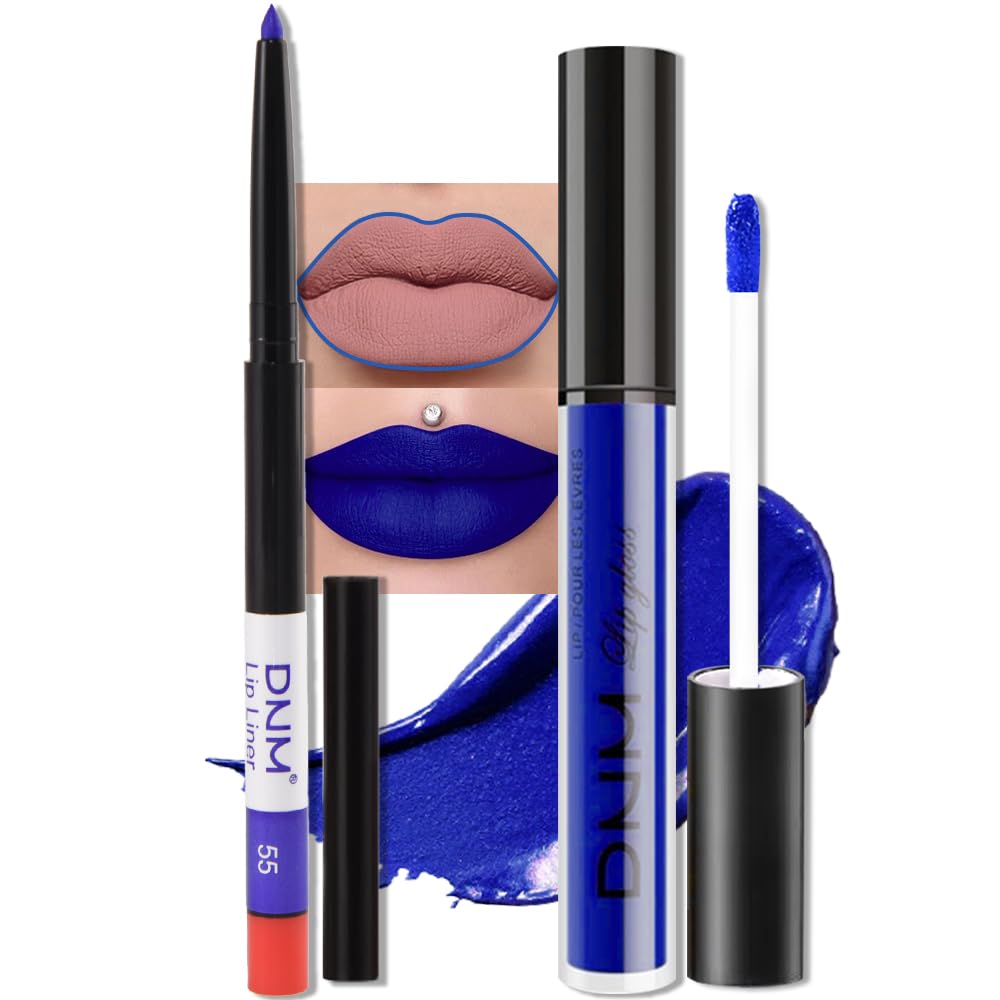 evpct 2Pcs Dark Royal Blue Matte Liquid Lipstick Lip Gloss Stain and Retractable Lip Liner Makeup