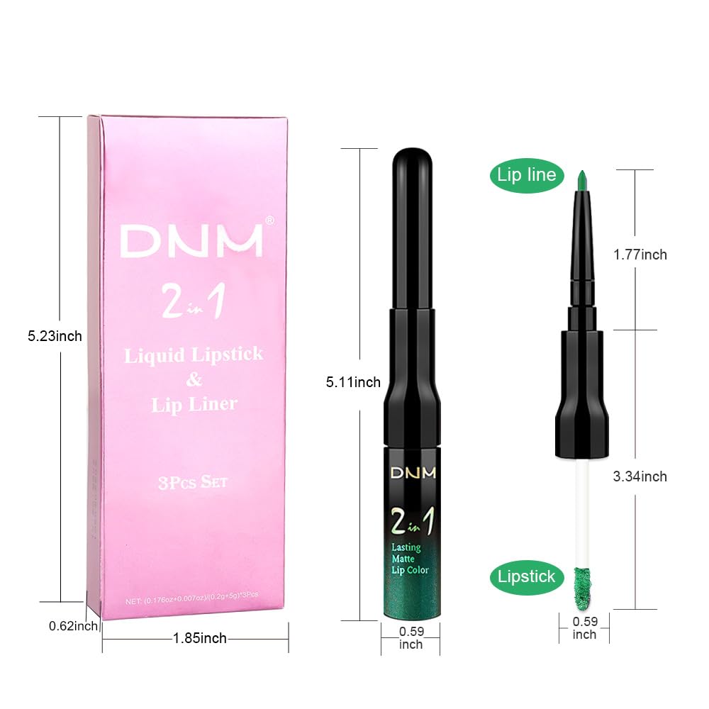 evpct 3Pcs Green Matte Shimmer Lip Liner & Liquid Lipsticks Stain Makeup Set for Women, Green Lip