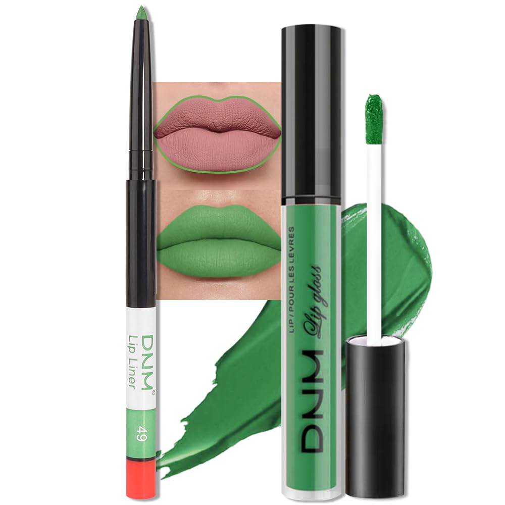 evpct 2Pcs Light Festival Green Matte Liquid Lipstick Lip Gloss Stain and Retractable Lip Liner