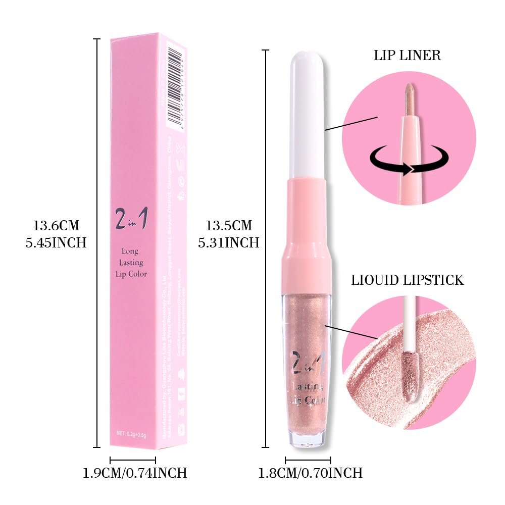 evpct Champagne Gold Metallic Glitter Lip Liner and Lipstick Combo Lip Gloss Stain Set Makeup for
