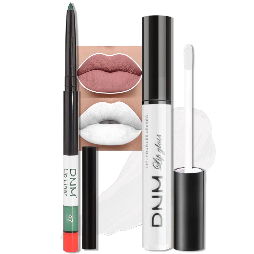 evpct 2Pcs White Matte Liquid Lipstick Lip Gloss Stain and Retractable Lip Liner Makeup Set for