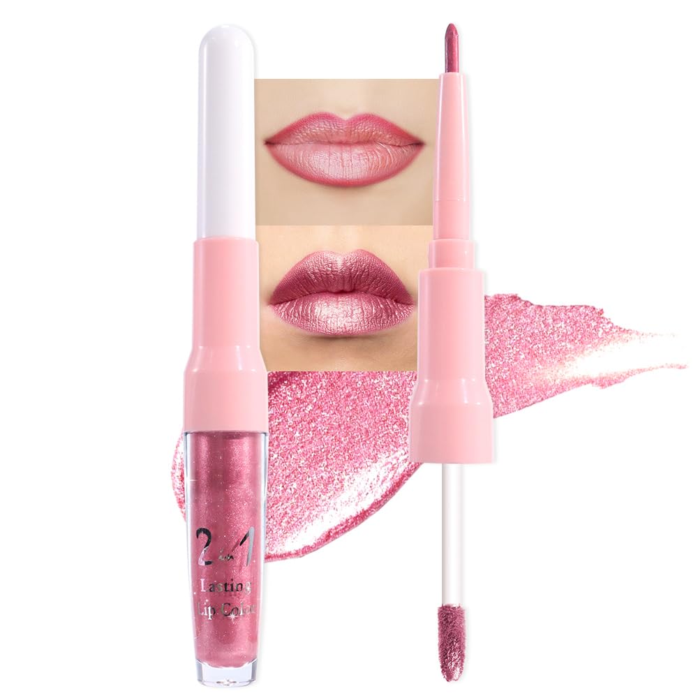 evpct Warm Pink Metallic Glitter Lip Liner and Lipstick Combo Lip Gloss Stain Set Makeup for Women