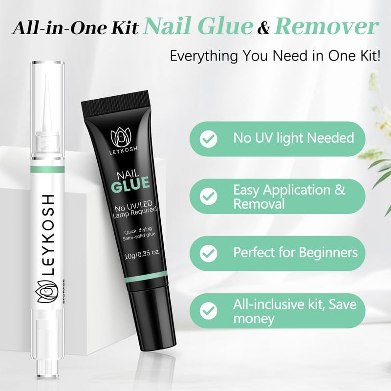 Nail Glue for Press Ons 10g & 5ml 2 in 1 Remover Pen Set, Quick Drying Semi Solid Glue on Nails No