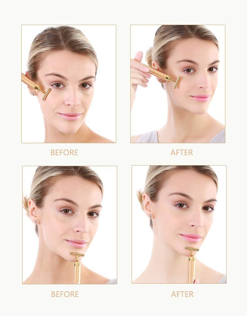 Beauty Bar 24k Golden Pulse Facial Massager, T-Shape Electric Sign Face Massage Tools for Sensitive