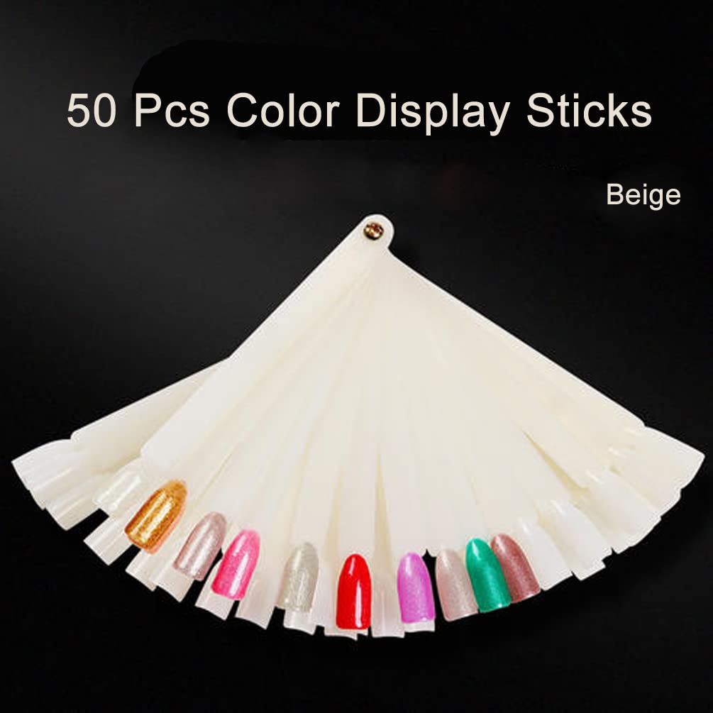JASSINS 50 Pcs Nail Swatch Sticks with Ring, Fan-shaped Nail Art Polish Practice Display Tips Nail