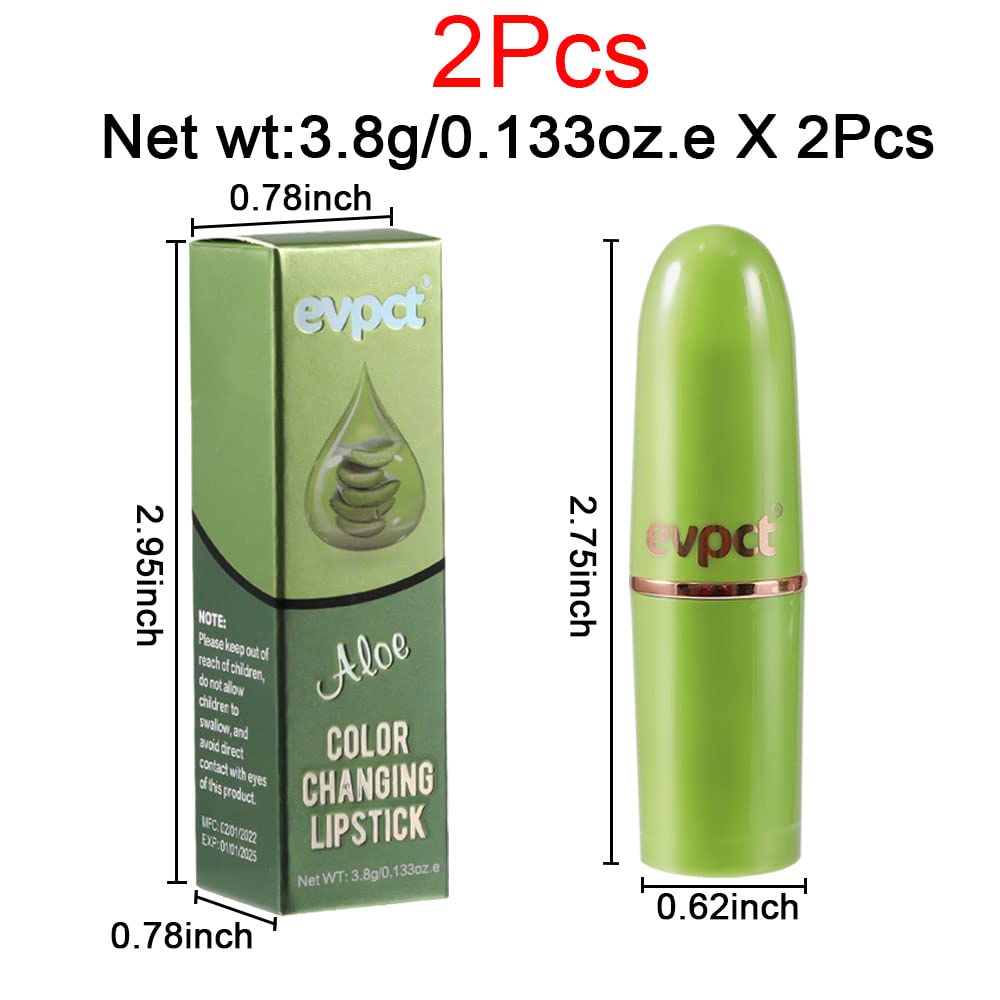 2Pcs Aloe Vera Lip Color Changing Lipstick Lip Balm Set, Green Magic PH Lipstick Color Change