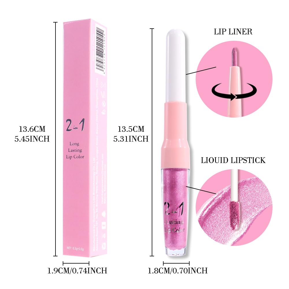 evpct Pink Metallic Glitter Lip Liner and Lipstick Combo Lip Gloss Stain Set Makeup for Women Long