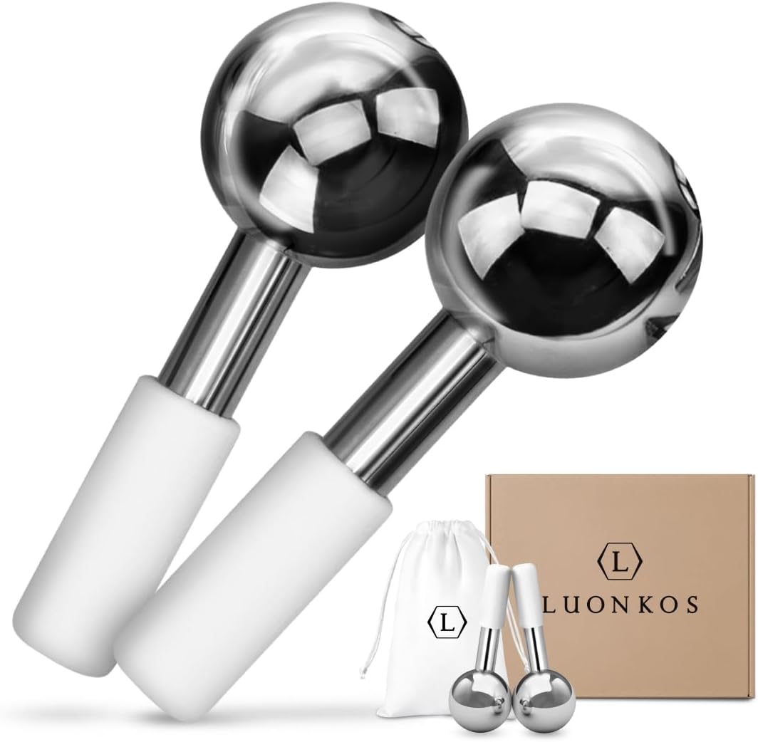 LUONKOS Gua Sha Ice Globes - Set of 2, Silver Stainless Steel - Facial Massage Tool & Lymphatic