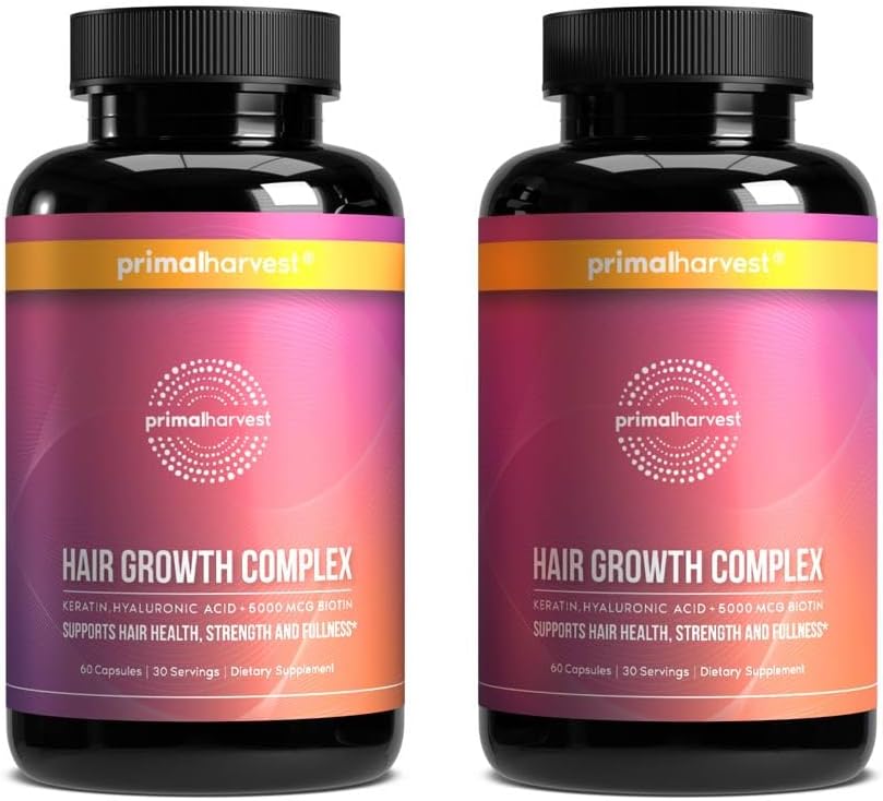 Primal Harvest Hair Growth Vitamins, 2 Pack - 120 Pills, Natural Hair Regrowth, Thickening, and