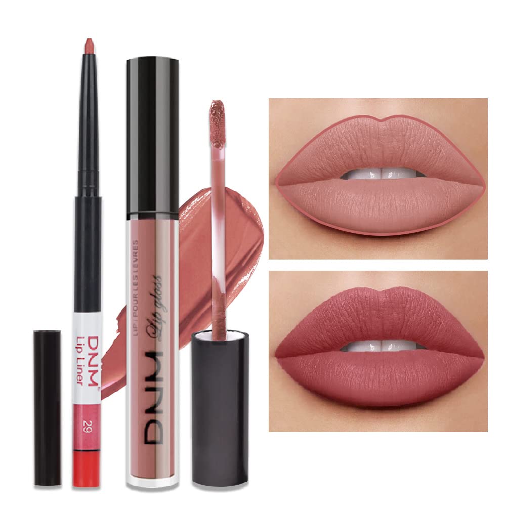 evpct 2Pcs Antique Rose Matte Lip Liner and Lipstick Pencil Makeup Set Brown Liquid Lipstick Lip