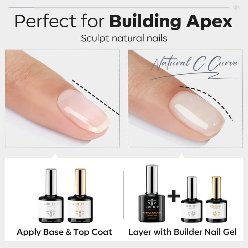 modelones Builder Nail Gel with Gel Top Coat, 3Pcs Clear Builder Nail Kit for Thickening Apex