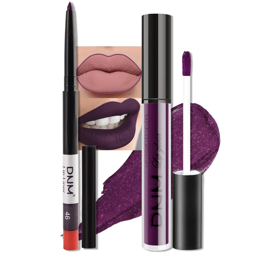 evpct 2Pcs Dark Deep Purple Matte Liquid Lipstick Lip Gloss Stain and Retractable Lip Liner Makeup