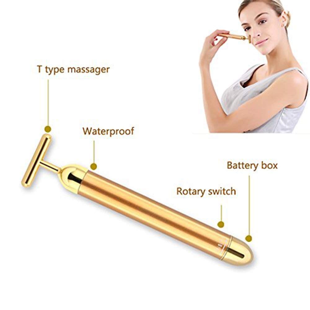 Beauty Bar 24k Golden Pulse Facial Massager, T-Shape Electric Sign Face Massage Tools for Sensitive