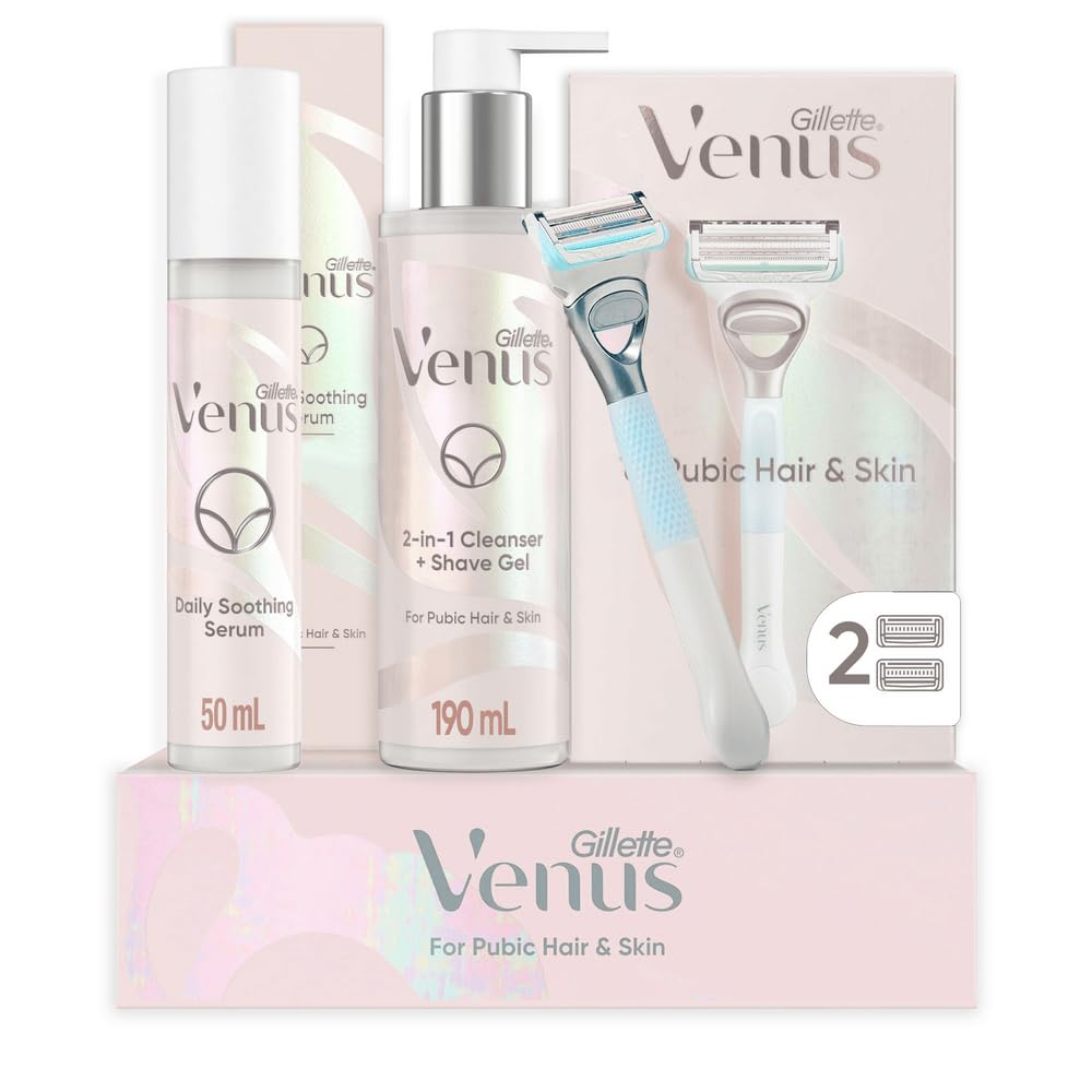 Gillette Venus for Pubic Hair and Skin, 1 Razor Handle + 2 Blade Refills, 2-in-1 Cleanser + Shave