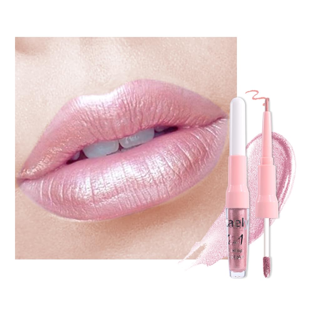 evpct Light Pink Metallic Shimmer Lip Liner and Lipstick Combo Lip Gloss Stain Set Makeup for Women